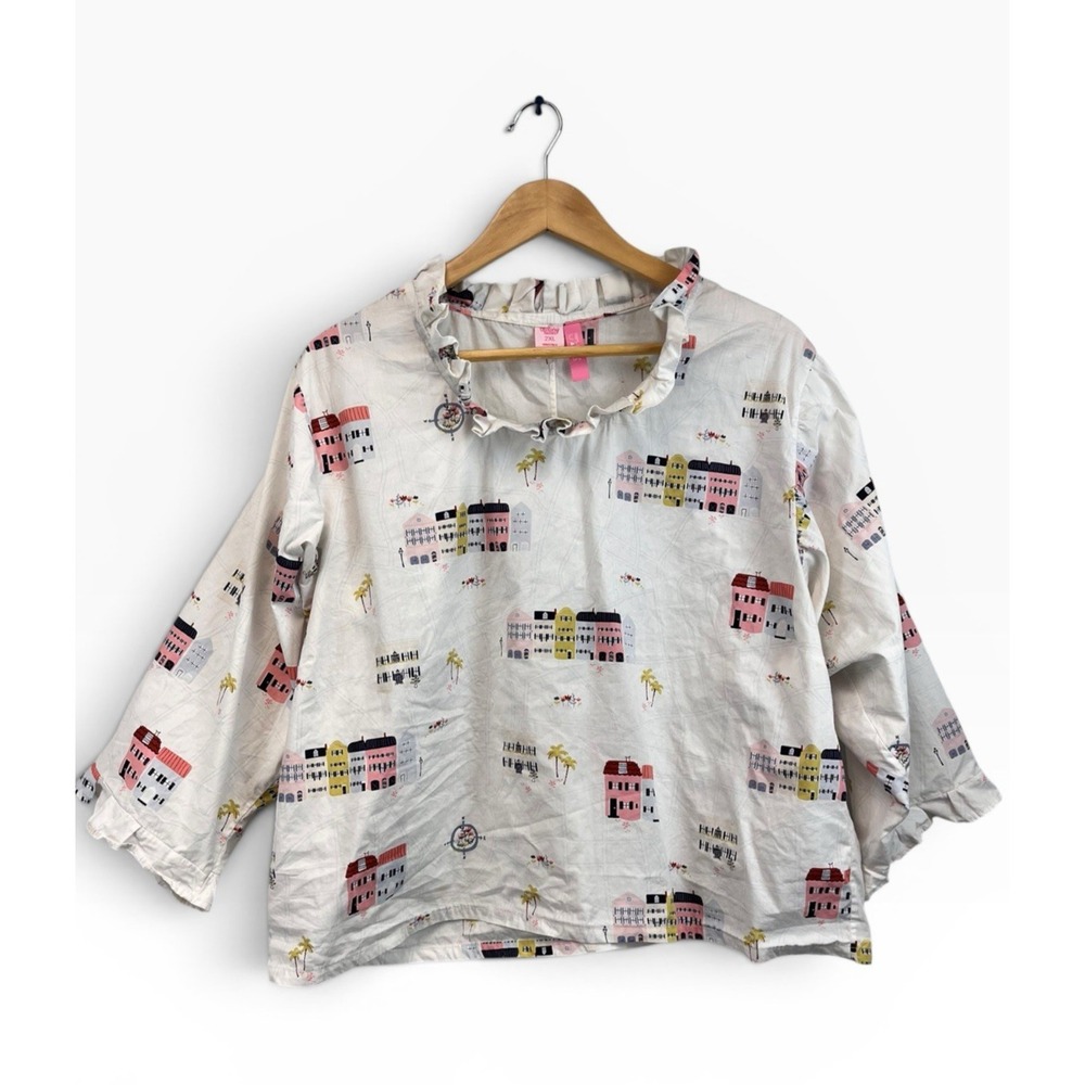 The Tiny Tassel Charleston Rainbow Row Ruffle Blouse XXL 2XL House Whimsy Print